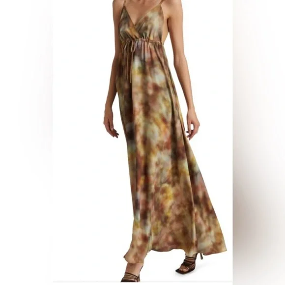 L'AGENCE Brown and Cream Maxi Dress Elegant Lined Abstract Print SP - Picture 3 of 16